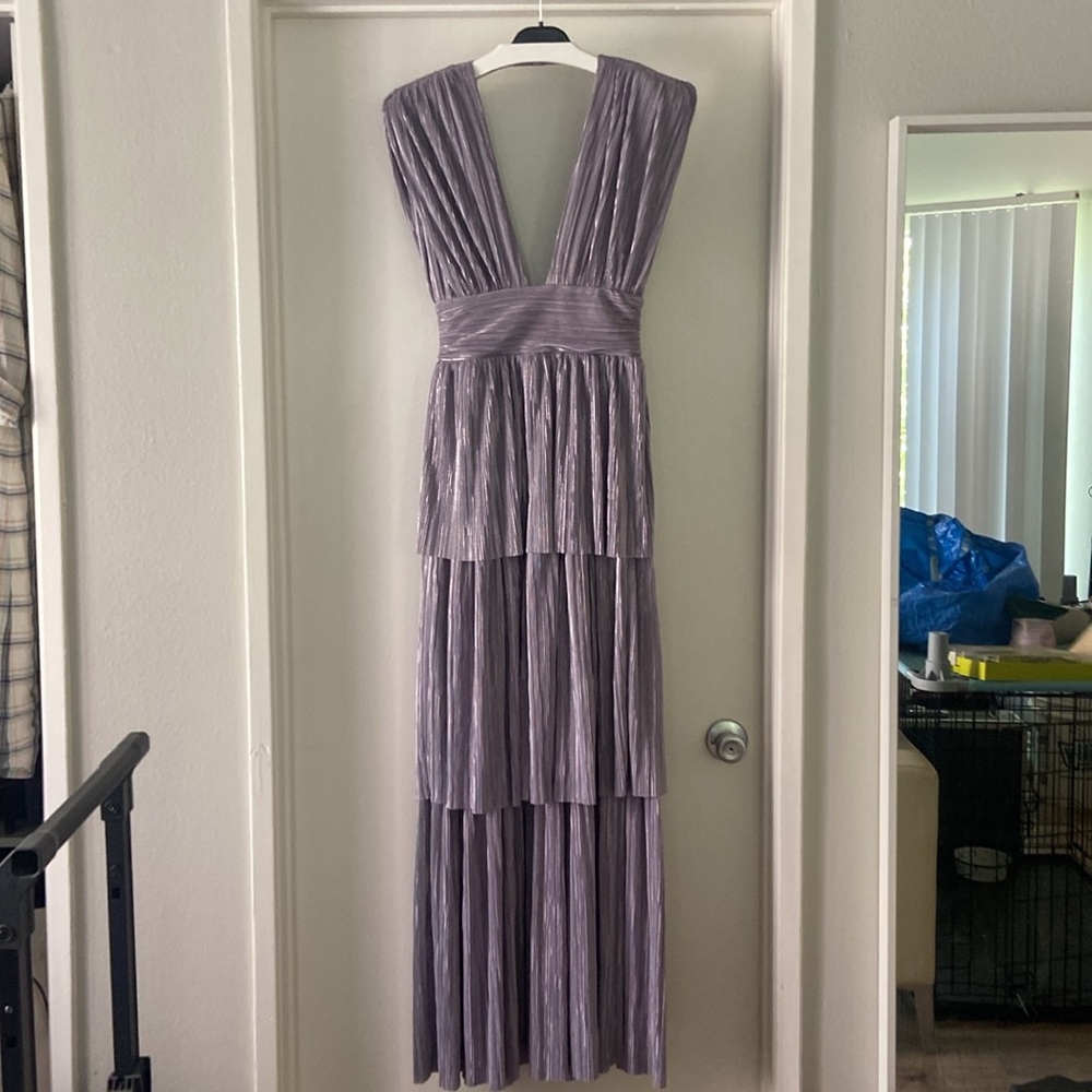 Sabina Musayev Lilac Alpha Tiered Metallic Maxi Evening Dress Sz M